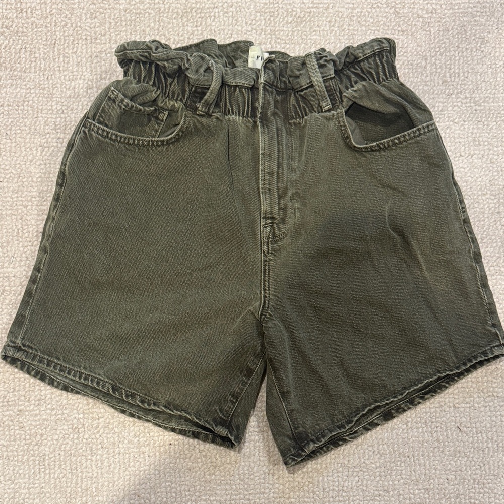 FRAME Olive-Toned High Waist Paperbag Shorts